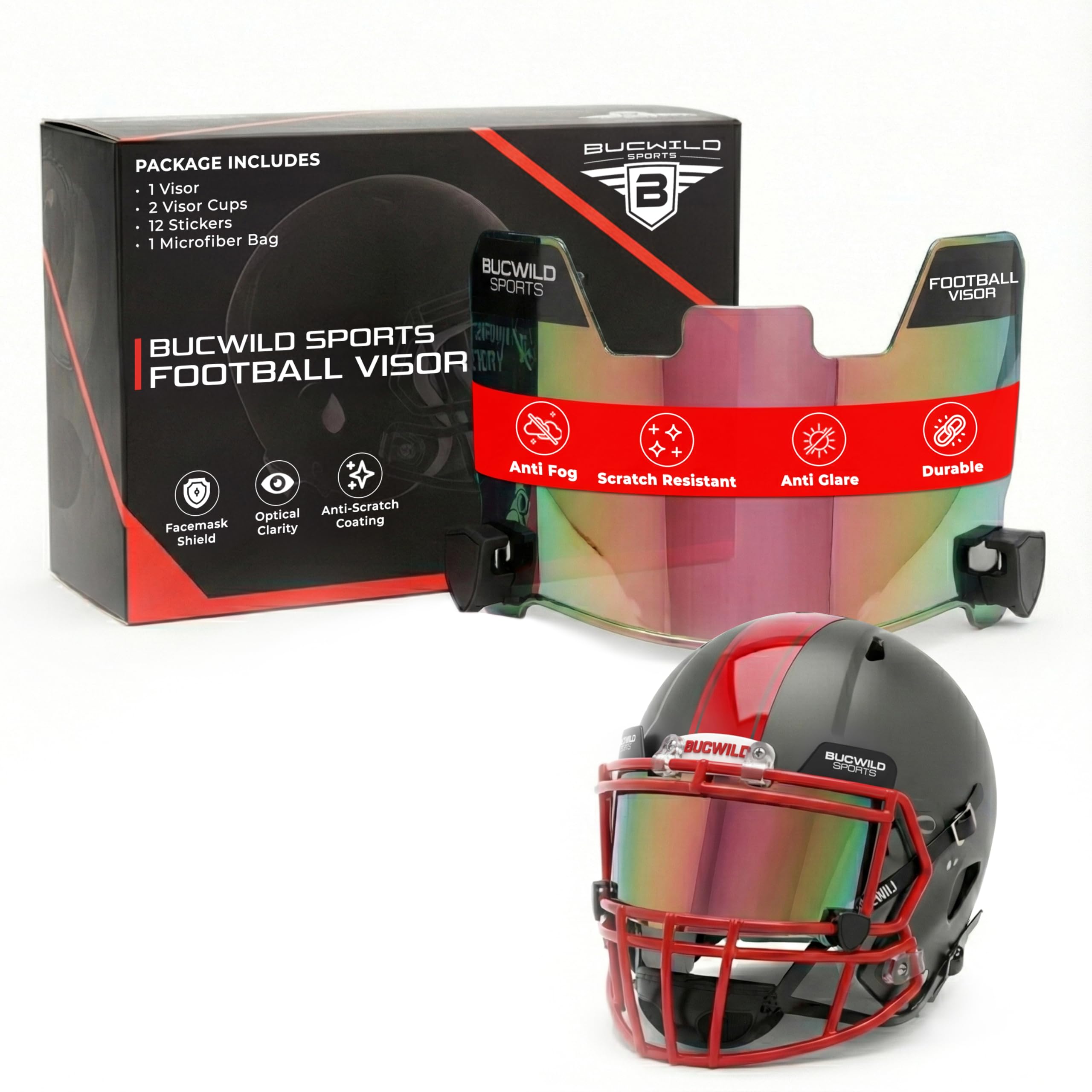 Bucwild Sports Football Visor Helmet Facemask Shield for Youth Kids - Adult Clear Black Chrome Gold Tinted Blue Red Includes Clips Stickers Microfiber