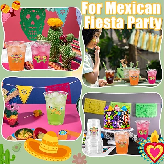 100Pcs Fiesta Cups,12 OZ Plastic Disposable Clear Mexican Cups for Cinco De Mayo Drinkware Party Supplies Fiesta Taco Birthday Party Decorations, 5 Designs