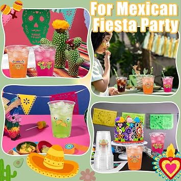 100Pcs Fiesta Cups,12 OZ Plastic Disposable Clear Mexican Cups for Cinco De Mayo Drinkware Party Supplies Fiesta Taco Birthday Party Decorations, 5 Designs