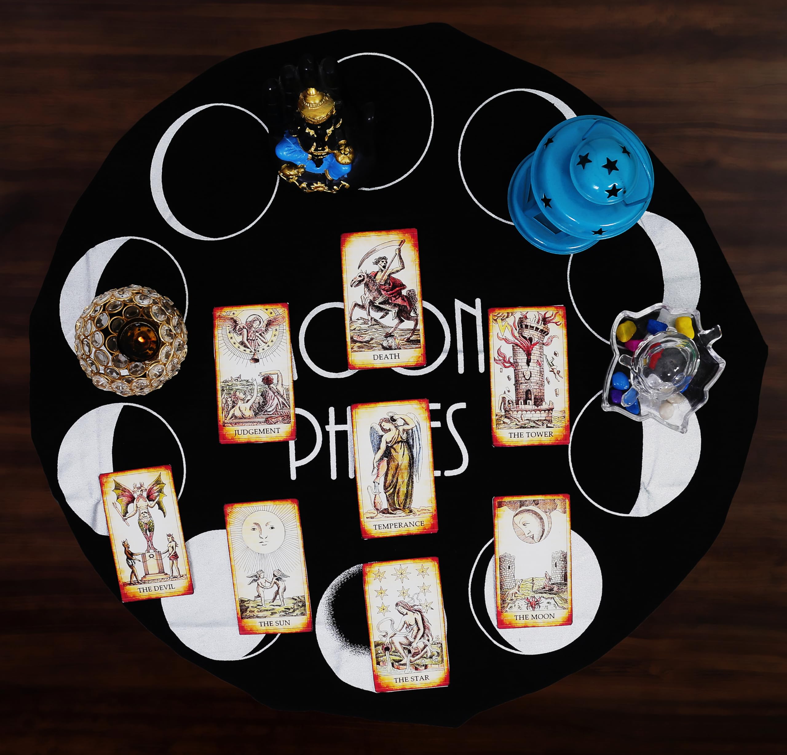 Indian Moon Phases Altar Cloth with Celestial Tarot Deck - Alter Square Wall Hanging TableCloth for Sacred Places - Moon Faces Cycle - Image 3