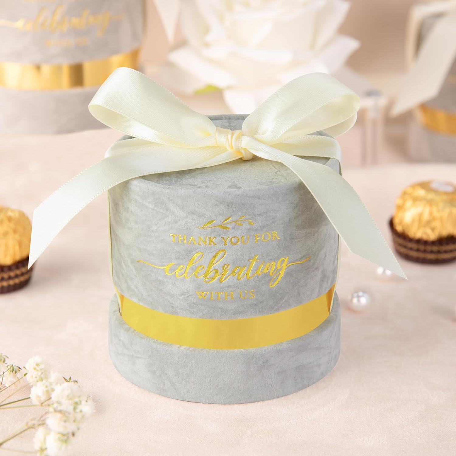 ponatia 6-Pack Burgundy Velvet Wedding Favor Boxes, 3.1×3.1'' Luxury Candy Boxes with Gold Foil Print & Ribbons, Pefect Gift Box for Wedding, Bridal/Baby Shower & Birthday Party Favors (Silver) - Image 2