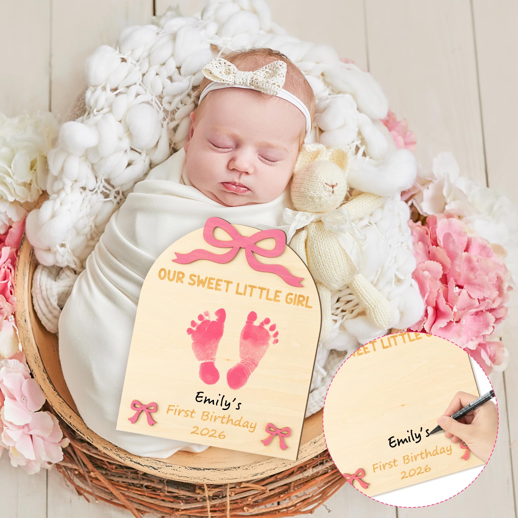 R HORSE 3D Pink Bow Baby's First Birthday DIY Footprint or Handprint Art Sign, Our Sweet Little Girl Wooden Hanging Decoration, Newborn Keepsake Gift for Baby Girl 1st Birthday Baby Shower Photo Prop