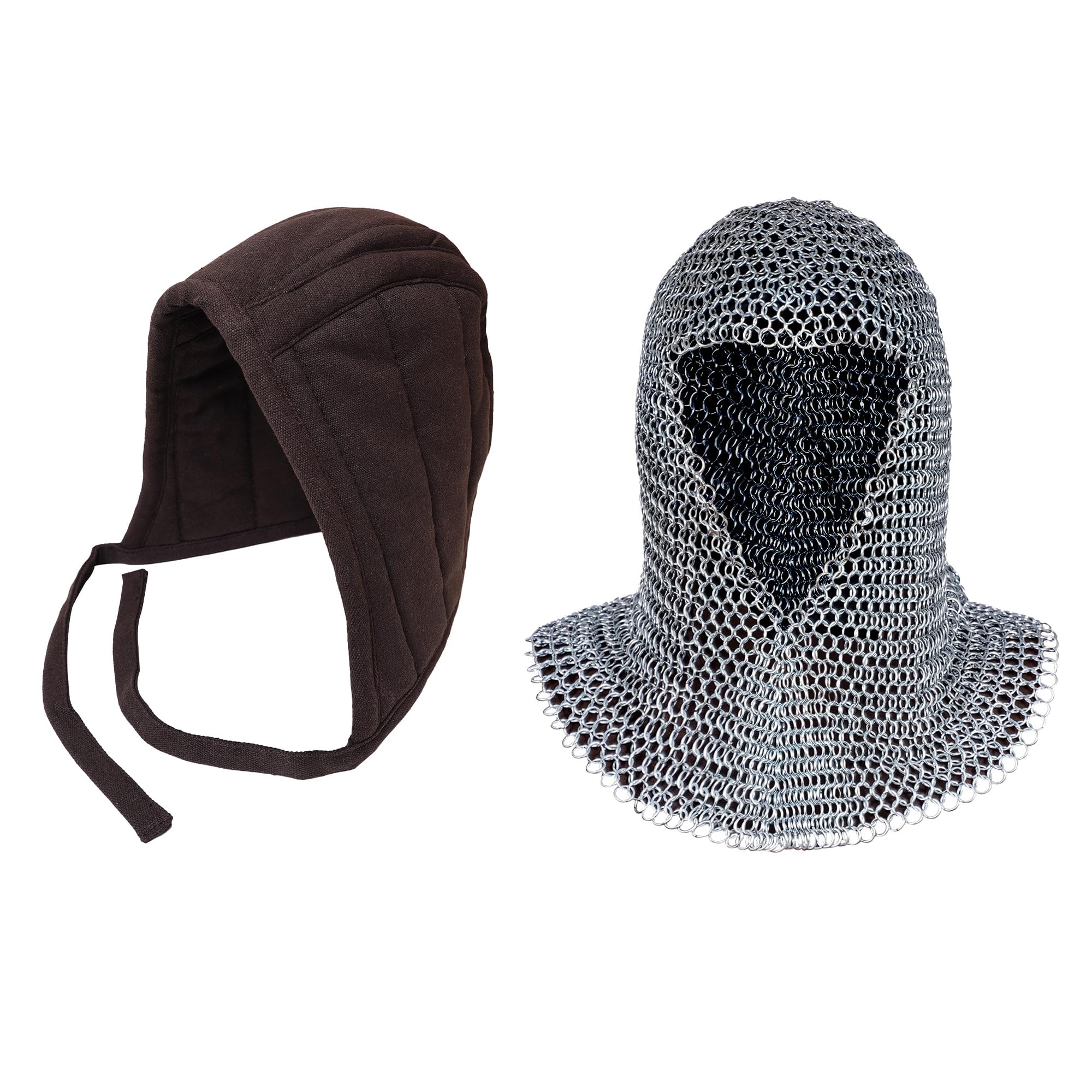 Lord Of Battles Unisex Natural Pack Of Chainmail Coif And Cotton Padded Arming Cap Protector Under Armor Chainmail Coif Ideal For Larp, Renfair