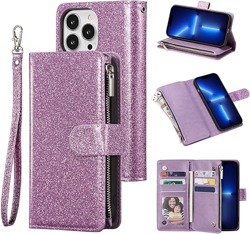 UEEBAI Funda tipo cartera para iPhone 13 Pro Max de 6.7 pulgadas, bolso de cuero vintage con cierre magnético, bolsillo con cremallera y correa de