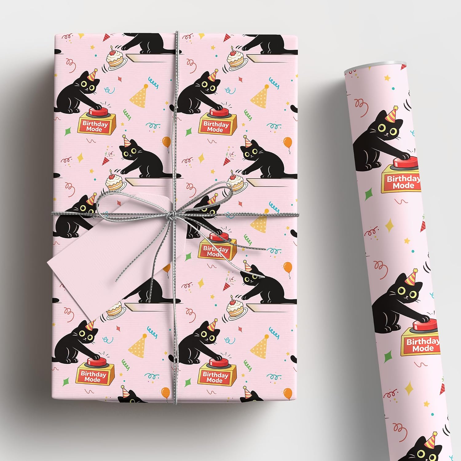 Vnaaem Cat Birthday Wrapping Paper Roll for Girls Boys - Cute Black Cat with Party Hat, Cake, Balloon, Confetti Design Gift Wrap for Holiday Birthday Party DIY Craft(Total 28.5 sq.ft) image 3