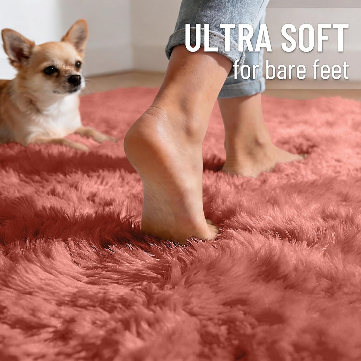 OLANLY 3x5 Machine Washable Small Bedside Rug, Soft Fluffy Shaggy Rugs for Living Room, Bedroom, Indoor Floor Carpet for Kids Girls and Boys, Preppy Dorms, Nursery, Home Decor Aesthetic, Rust Red