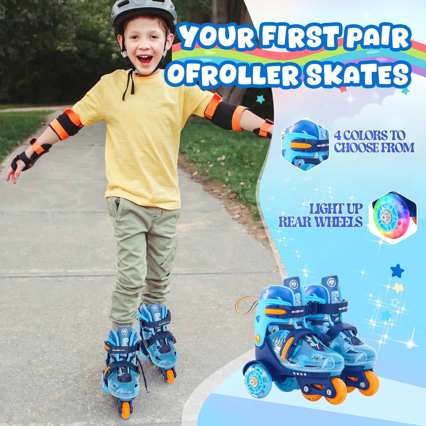 Patines de equilibrio ajustables para niños pequeños de 3 a 6 años, arcoíris, unicornio, dinosaurios, patines iluminadores para niñas y niños de 5 a 8 años, tipo de tres puntos, adecuados 2