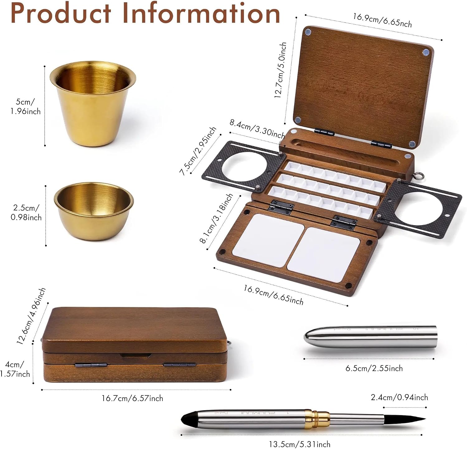24-Grid Empty Travel Watercolor Palette Box, Fuumuui All-in-One Walnut Wood Palette Tray Kit, Mini Portable Sketchbox for Plein Air Painting with Three Ends Travel Brush and Watercolor Cup
