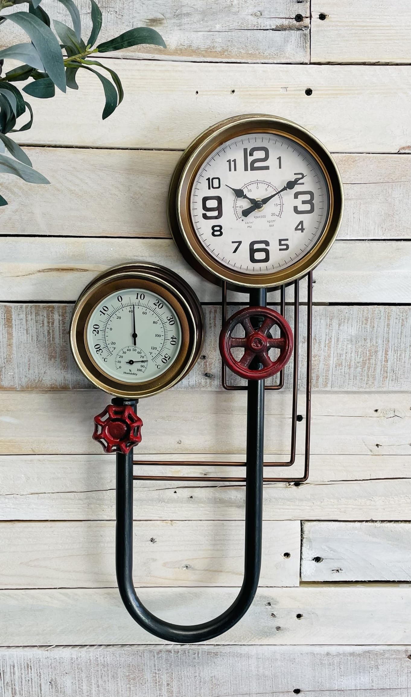 My Square Mile Gold Industrial Steampunk Pipe Metal Gear Wall Clock With Faux Temperature Display (U Bend Pipe Clock)