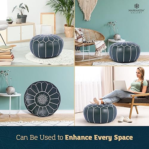 Miniatura 7 de Marrakesh Gallery - Funda de puf marroquí, otomana redonda y grande de piel, decoración bohemia para sala de estar, reposapies, sin relleno