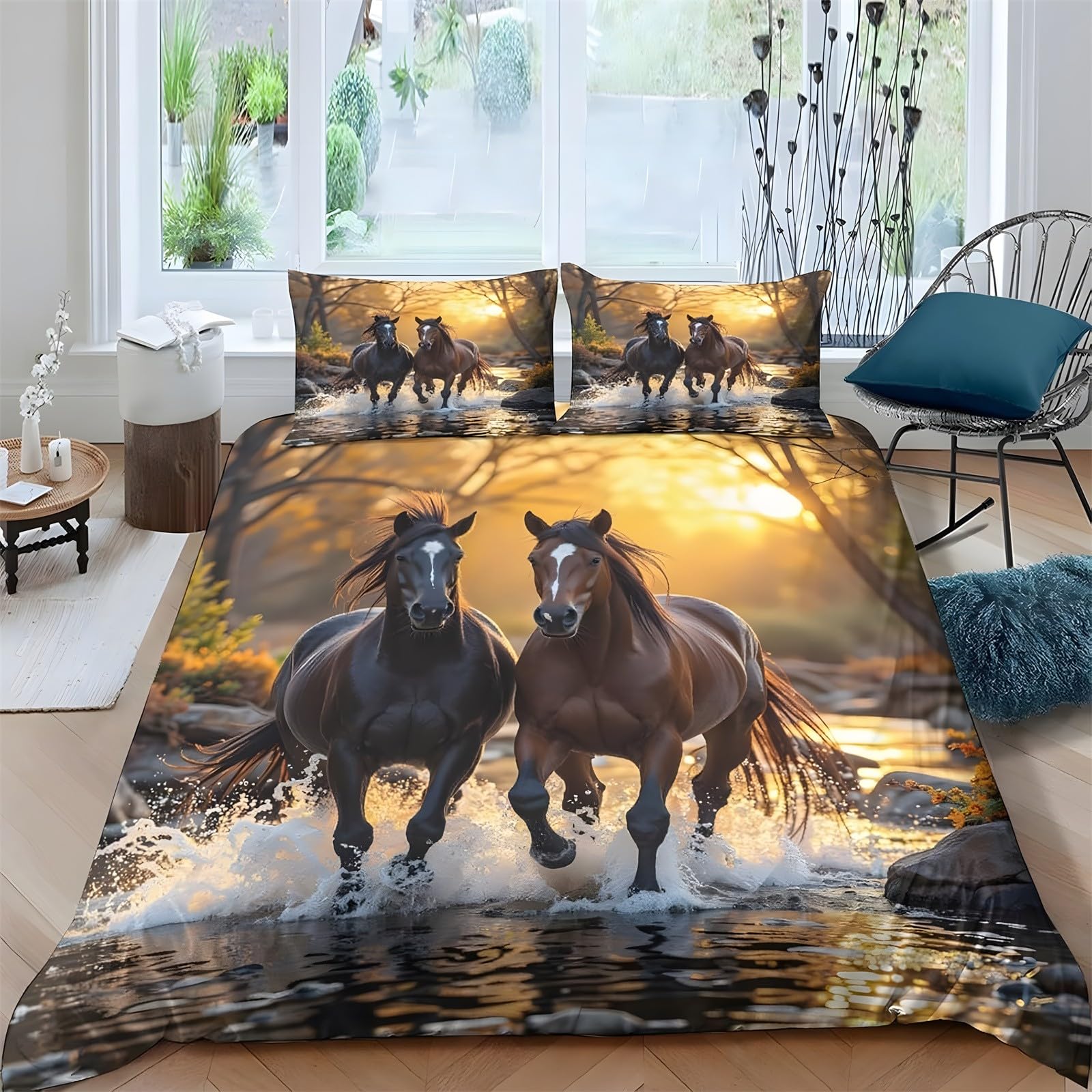 Ypthriline Single Duvet Cover Set Galloping Horse Bedding Set Microfiber Warm Yellow Duvet Covers with Pillowcases Reversible Bedding With Zipper Closure 135x200CM