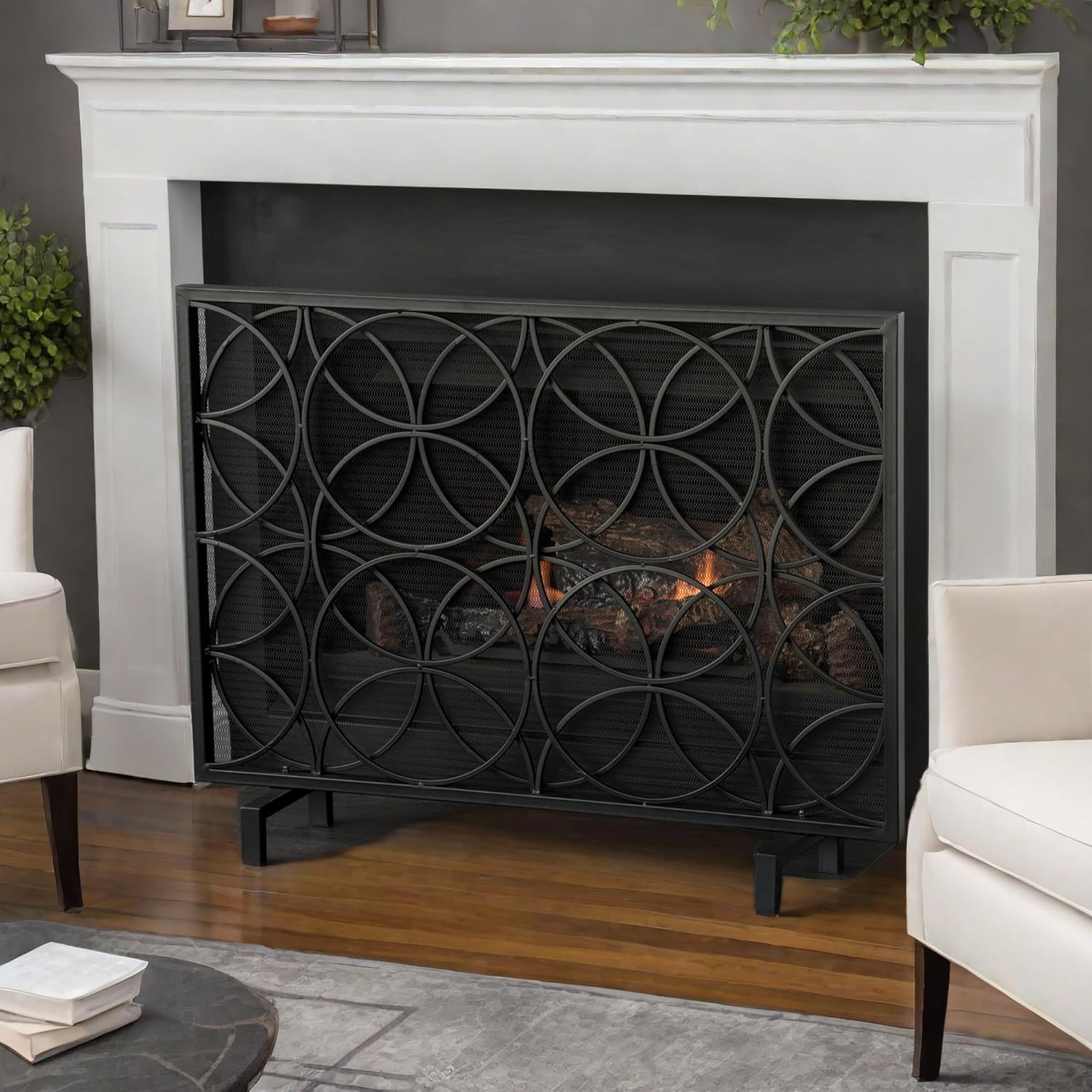 NicBex Modern Fireplace Screen - 41.1" x 31.1", Black Iron with Overlapping Circle Pattern, Stand Alone for Indoor