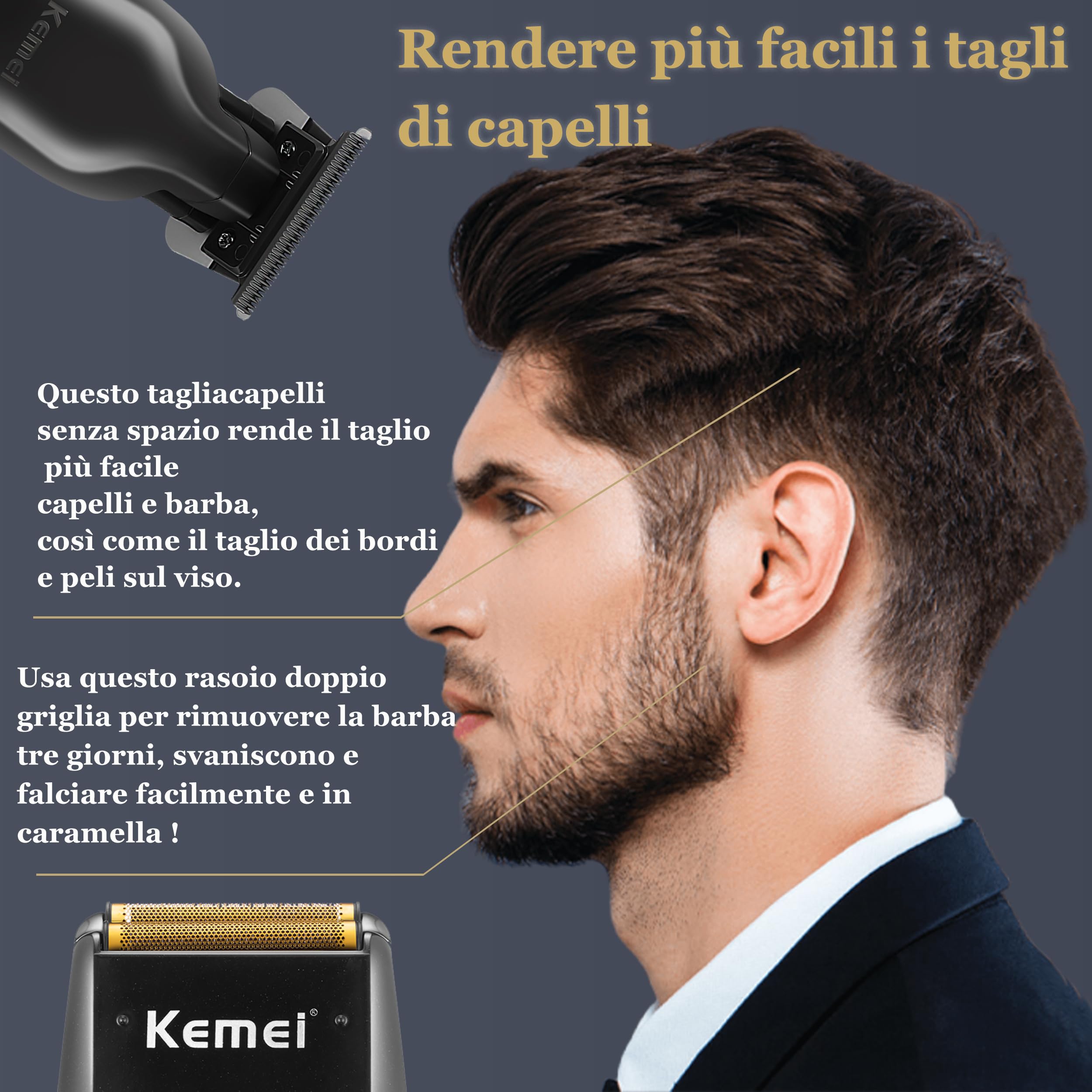 Kemei Rasoio elettrico da uomo - Rasoio per capelli professionale senza spazio - Rasoio a testa calva senza fili - 1102+2299