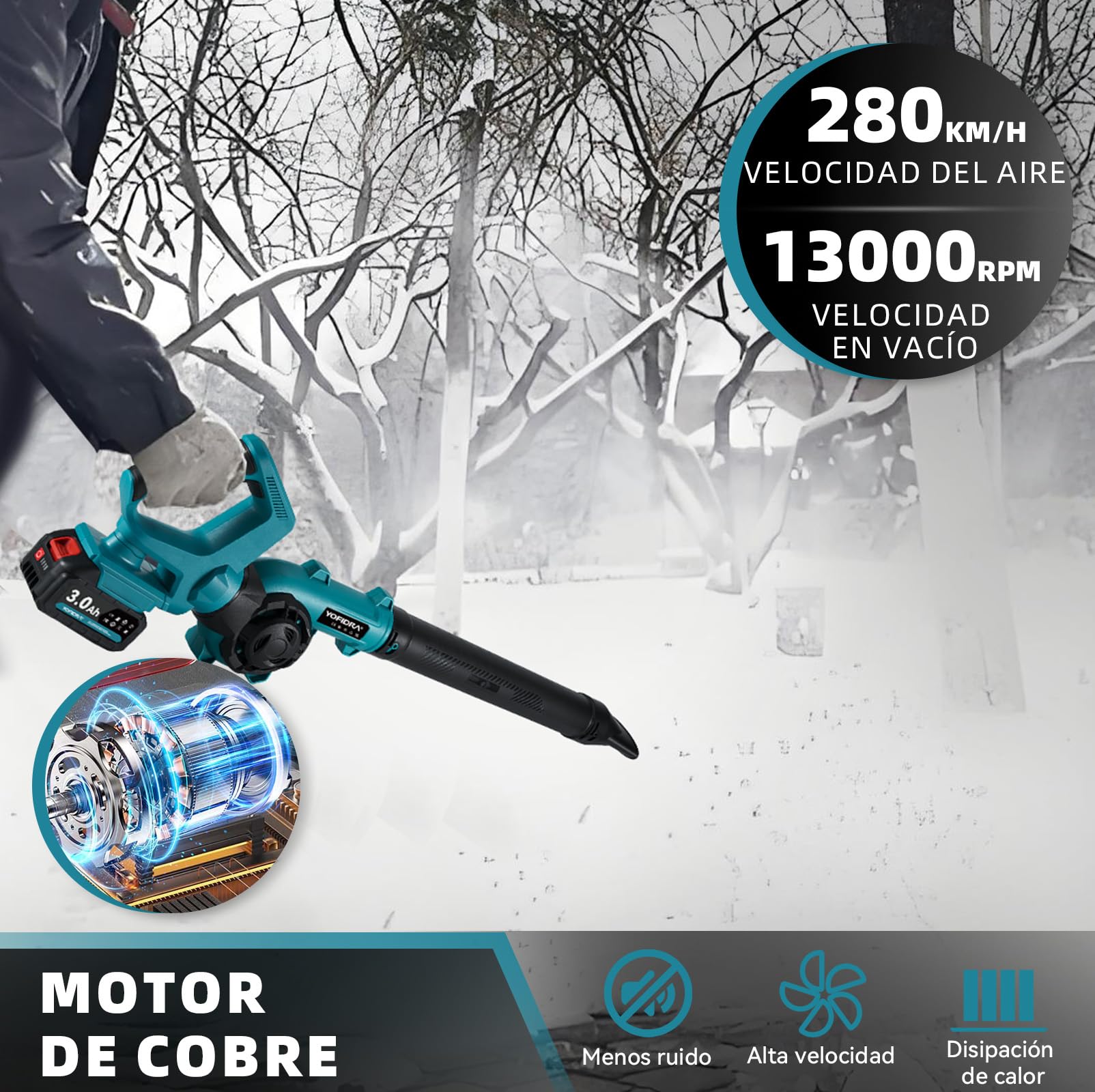 YOFIDRA Soplador de Hojas Batería 280 km/h, Soplador con 2 Baterías de 3.0 Ah, 3 Velocidades, Mango Ajustable de 270°, Doble Entrada de Aire, 13 000 RPM, para Patio, Césped, Jardín