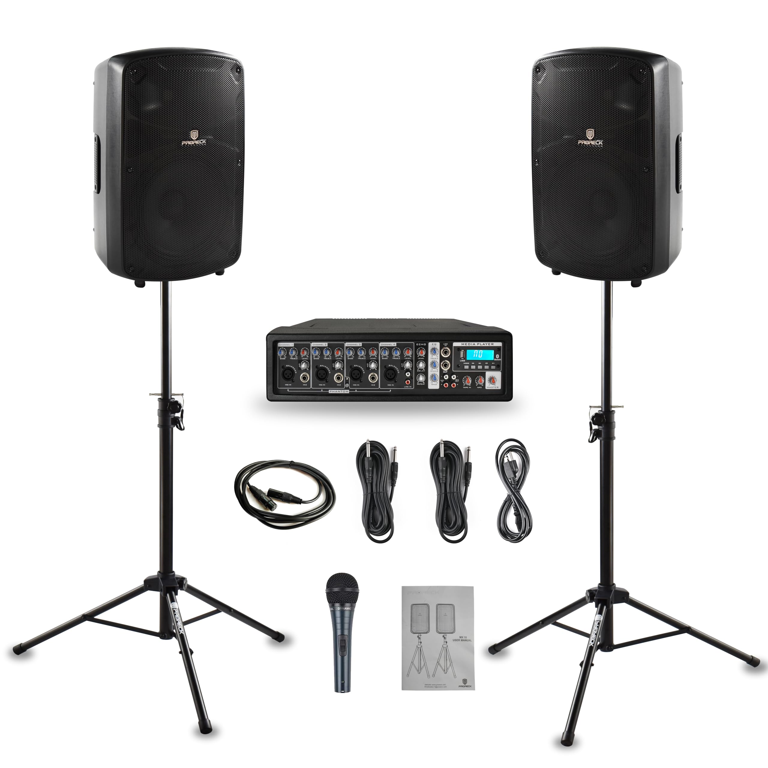 PRORECK MX10 1600W 6-Kanal Aktiv-Mischpult mit Bluetooth & 10 Zoll (25,4 cm) passiven Lautsprechern – PA-System inkl. Ständer und Mikrofon