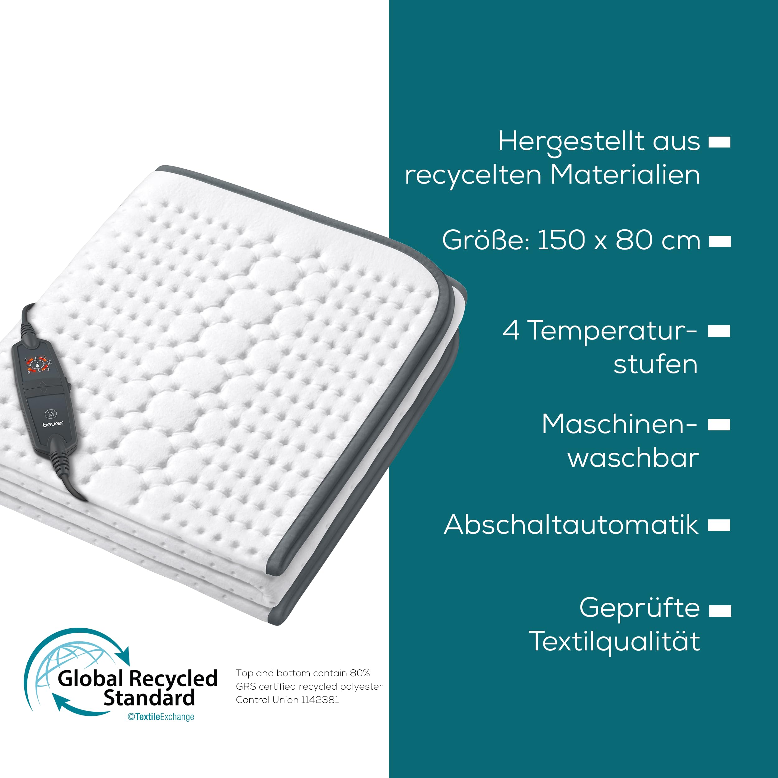 Beurer UB 60 Wärmeunterbett, Made in Europe, Ober- und Unterseite hergestellt aus 80 % recyceltem Material, kuschelig weich, 150 x 80 cm, Abschaltautomatik, 4 Temperaturstufen, waschbar