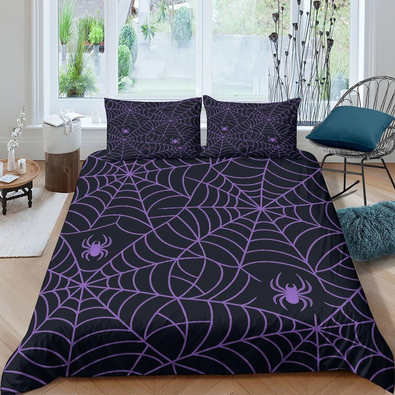 GPLZQXKJNH 3D Printed Purple Spider Web Duvet Cover Microfiber Soft Breathable Halloween Spider Bedding Set with 2 Pillowcases for Bedroom Decor Single（135x200cm）