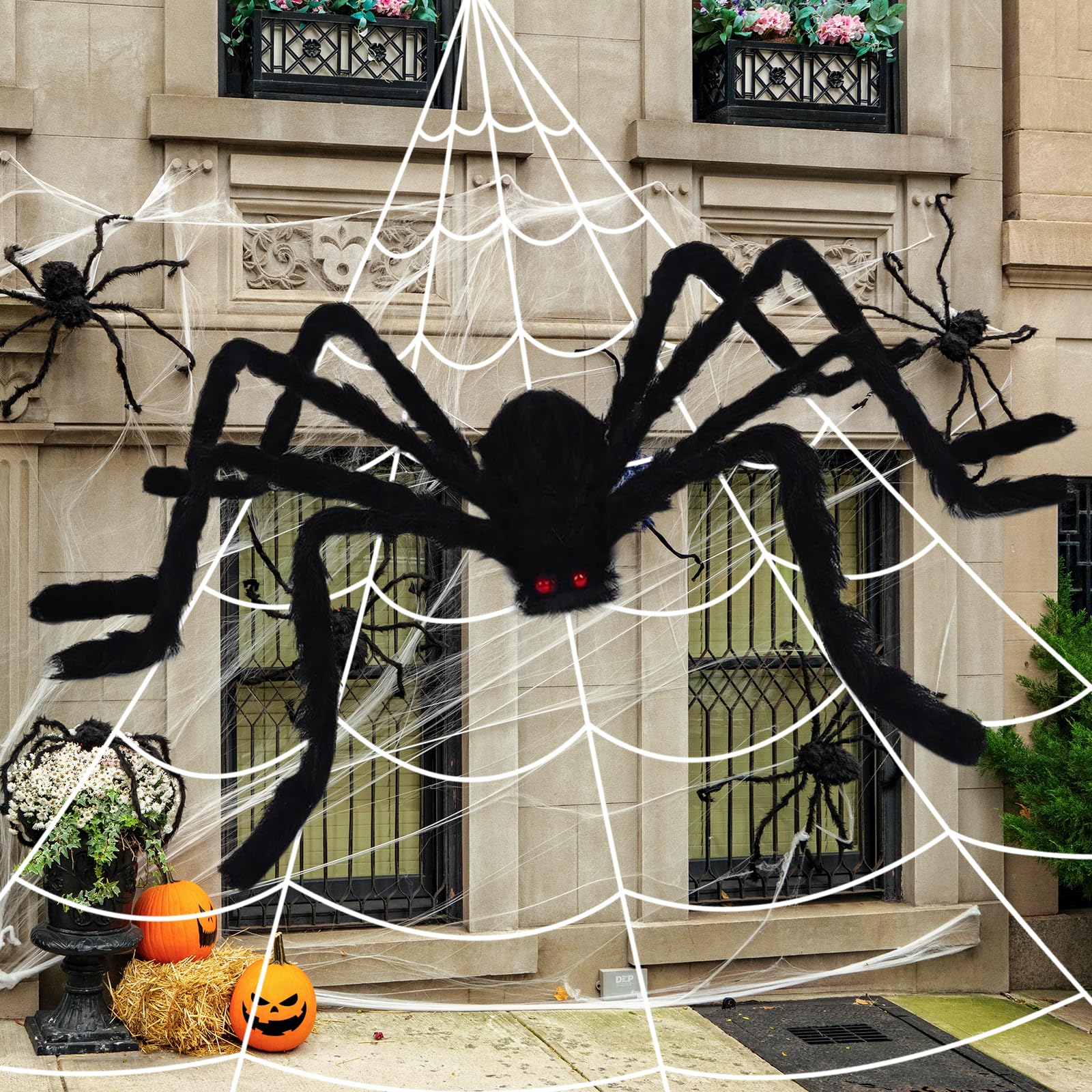 Halloween Decorations 200" Giant Web Outdoor + 59" Hairy Spider Décor | Halloween Décor Outdoor Indoor, Scary Red Eyes, Triangular Huge Spiders Web, Bonus Stretch Cobwebs, Yard Home Haunted House