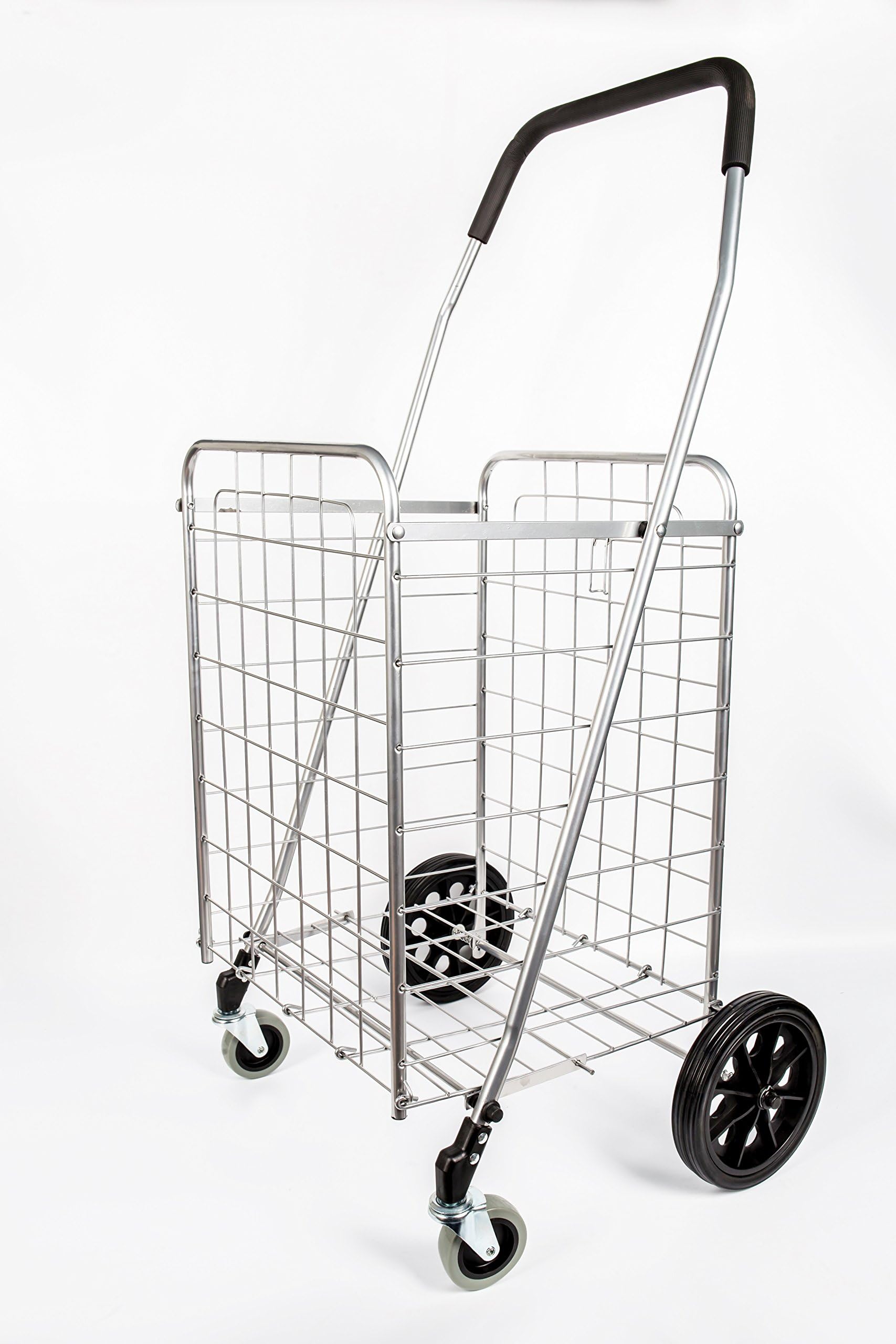 PrimeTrendz Upgraded 2023 Version Grocery Laundry Utility Shopping Cart | Heavy Duty, Light Weight Trolley with Rolling Swivel Wheels | Portable and Easily Collapsible to Save Space | Color: Silver
