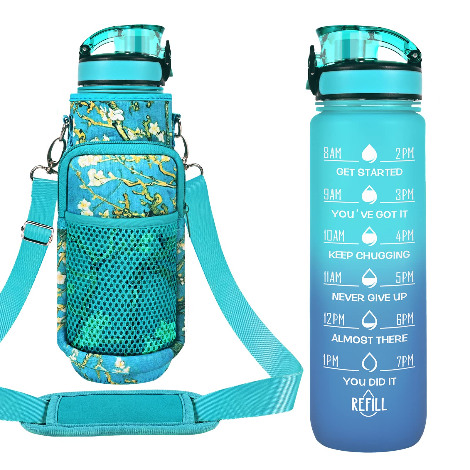 Trinkflaschen mit Strohhalm und Gurt, motivierende Wasserflaschen mit Trinkzeiten, BPA-frei, wiederverwendbar, Sport-Trinkflasche mit Ärmelträger für Wandern, Reisen, Laufen oder Fitness, Marsgrün