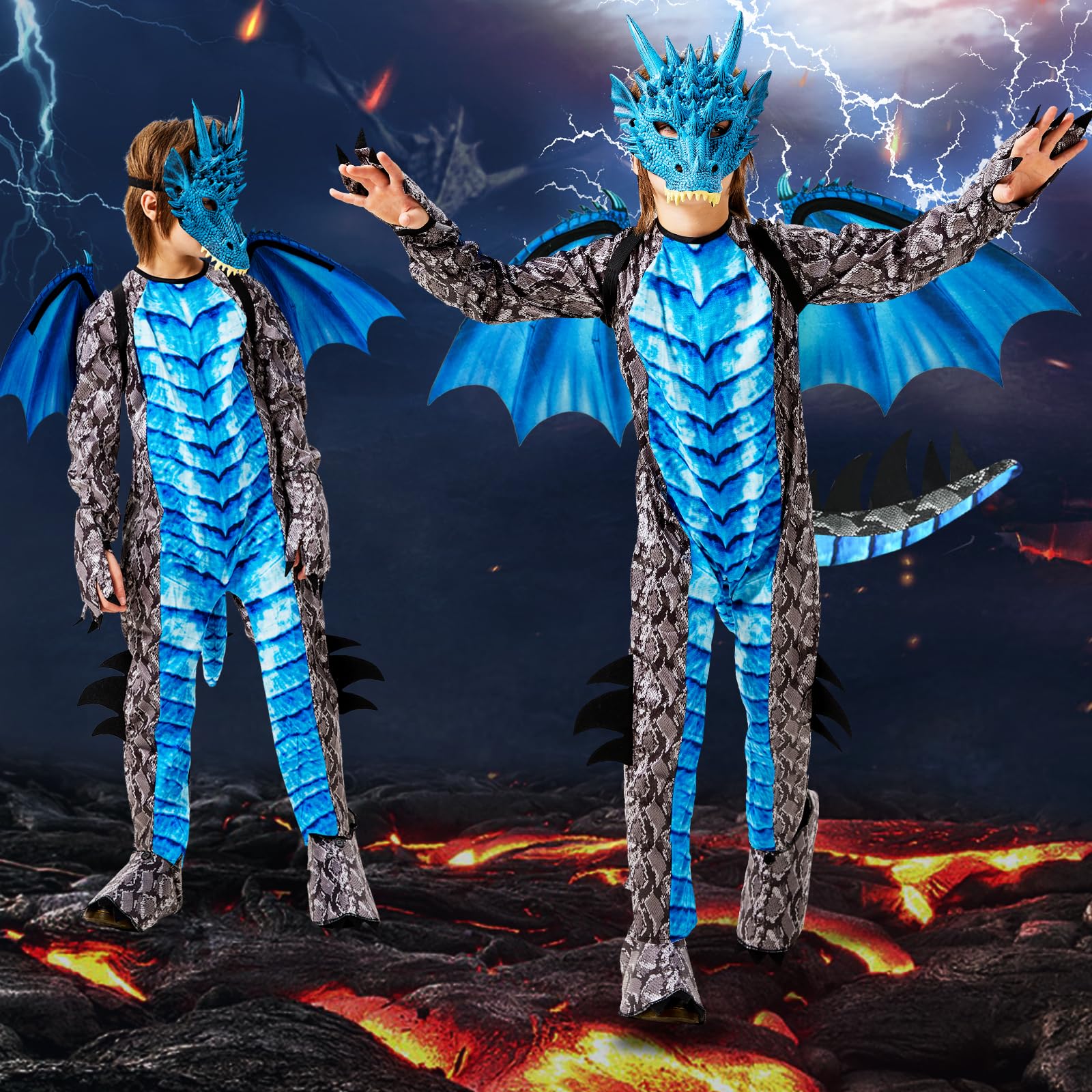 Ulikey Costume da Drago Bambino, Costume Carnevale Ragazzi, con Ali di Drago, Maschera da Drago, Dinosauri per Bambini Blu Rosso, Drago Tute per Bambini Carnevale Halloween Feste Cosplay