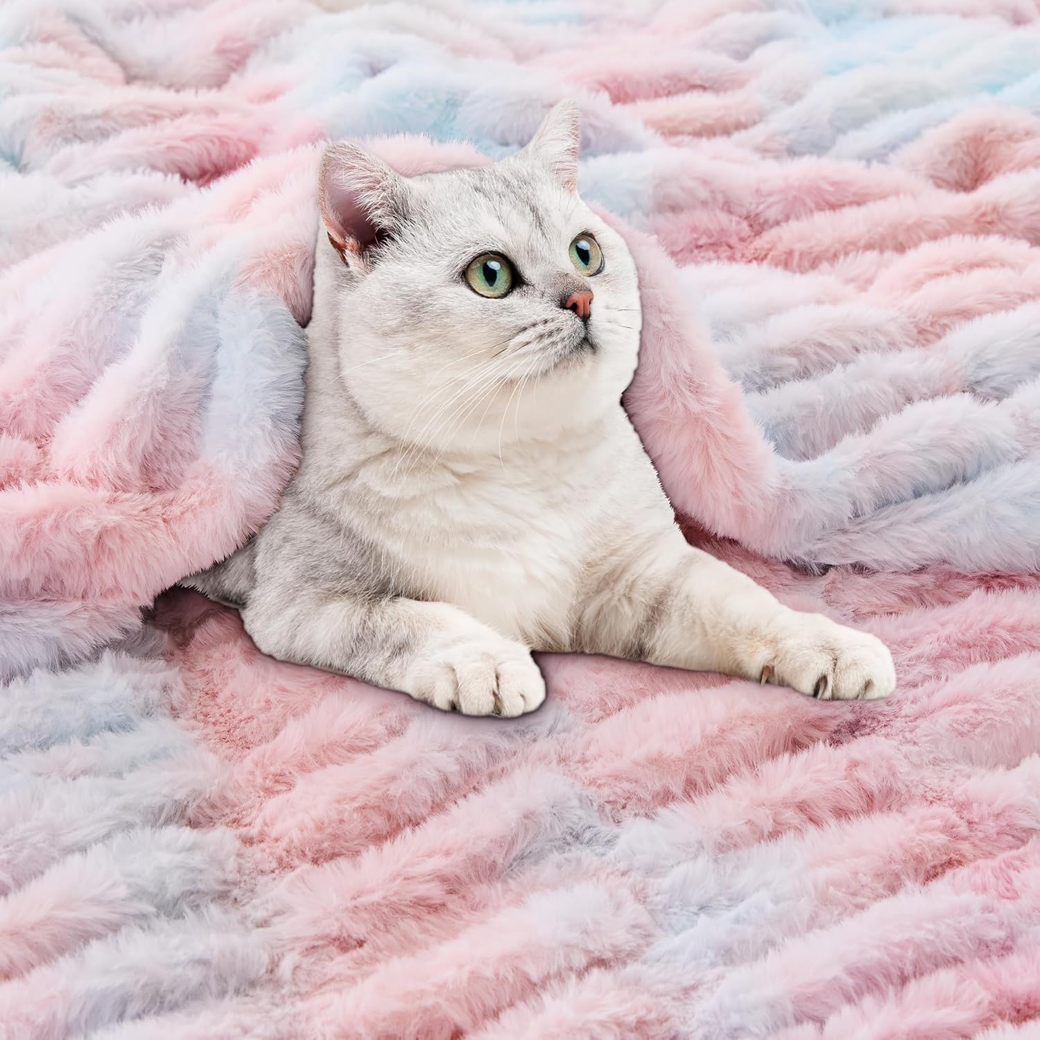 Viviland Faux Fur Throw Blanket for Bed Couch Sofa - Soft Cozy Furry Warm Throw - Comfy Shaggy Blanket - Machine Washable - Pink & Blue Fuzzy Plush Throw - 50"× 60" - Image 6