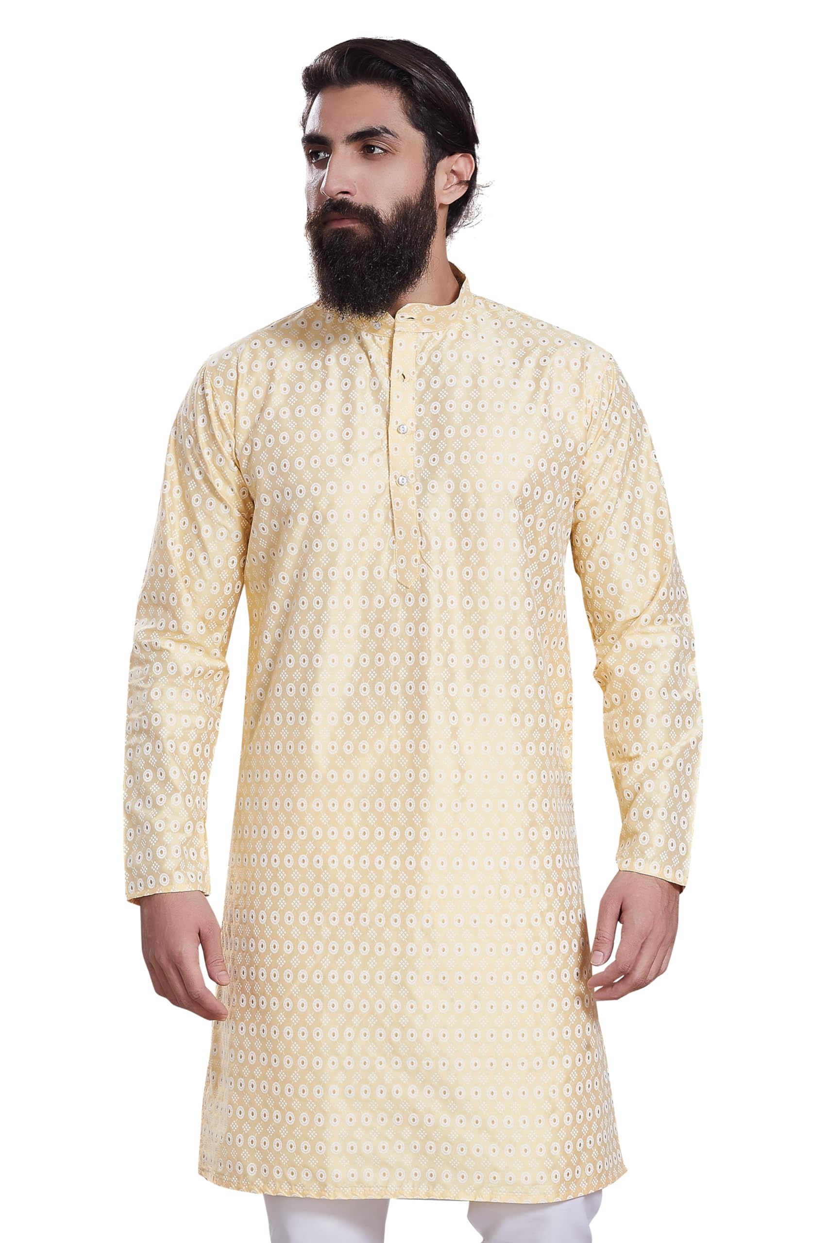 Divisive Men's Printed Cotton Silk Blend Only Slim Fit Kurta (Dkrt214_L_Lt Yellow)