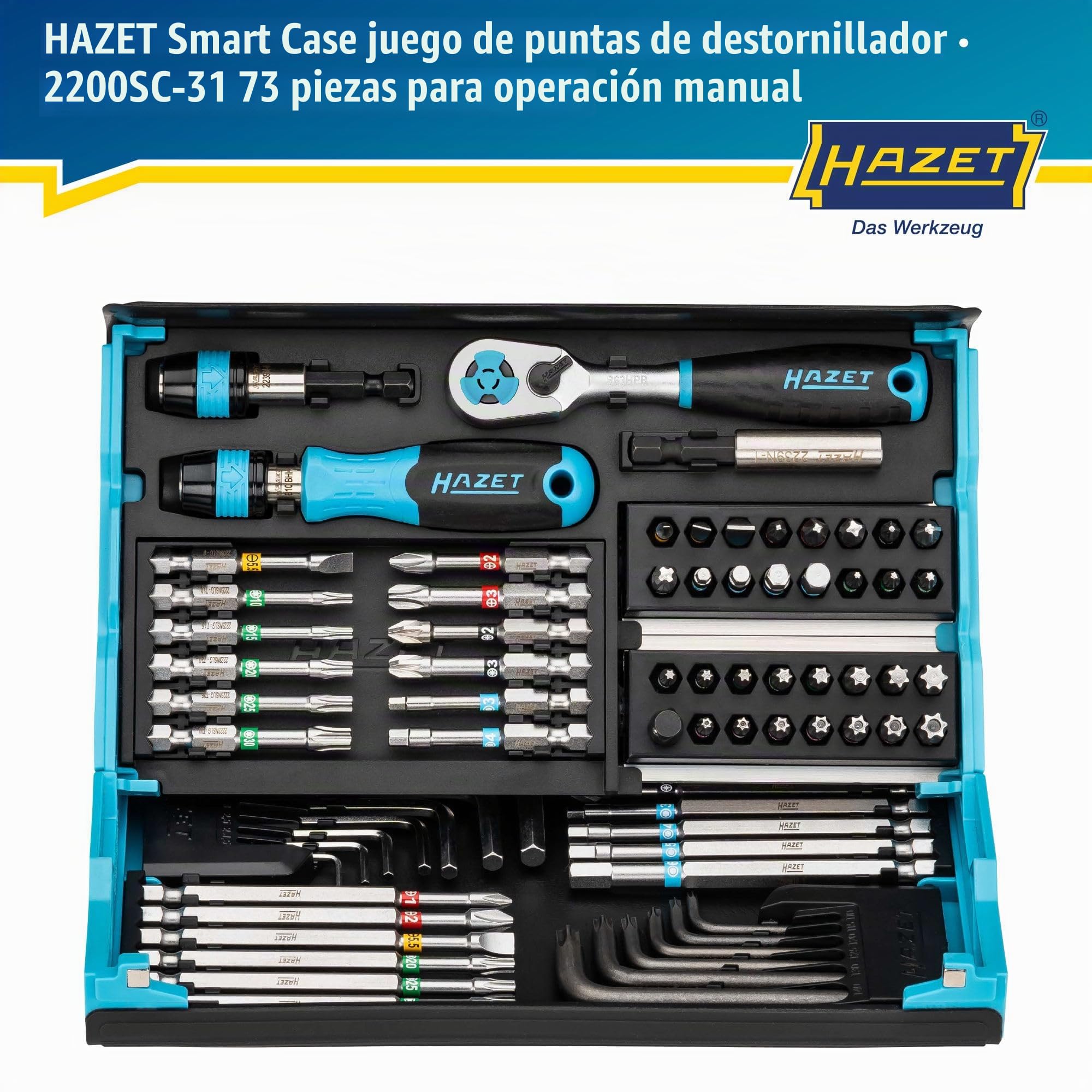 HAZET Juego de puntas Smartcase 2200SC-31 I 73 piezas, accionamiento: hexagonal 6,3 (1/4 pulgada) muchas herramientas en el mínimo espacio para la mejor visión de conjunto