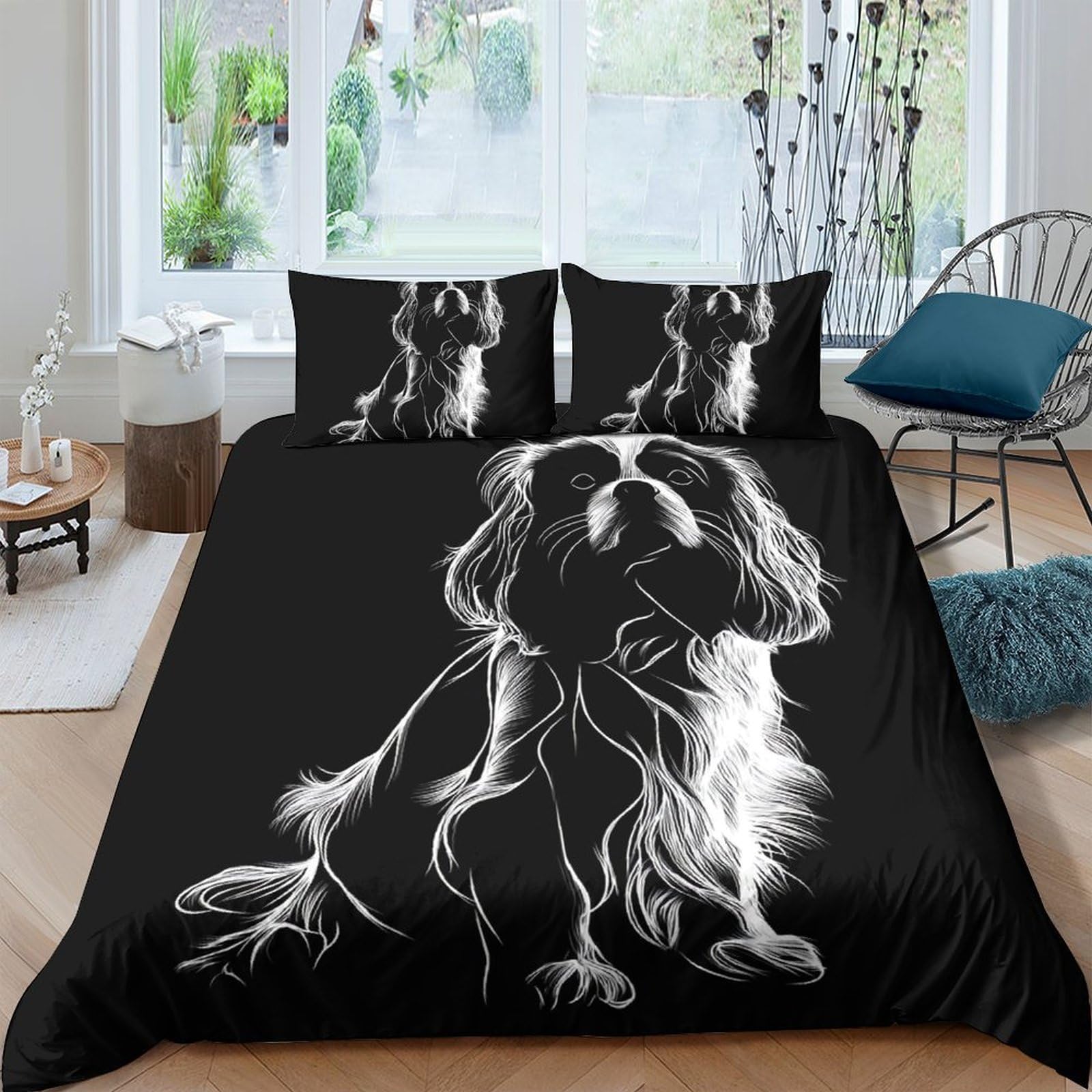 GPLZQXKJNH 3D Printed Dog Silhouette Duvet Cover Set Microfiber Black White Bedding Set with 2 Pillowcases for Bedroom Decor Single（135x200cm）
