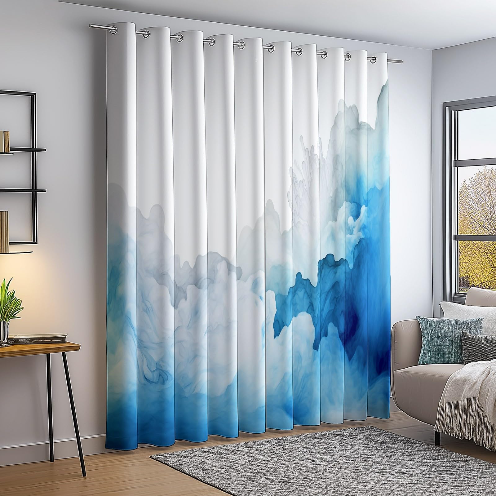 Rideau Occultant 117L X 138H cm (2 Panneaux) Abstrait Aquarelle Nuages Imprimés, Rideau Thermique Isolant Anti Chaleur Tenture Opaque à Oeillets Isolation Anti UV Chambre Salon, Bleu Blanc