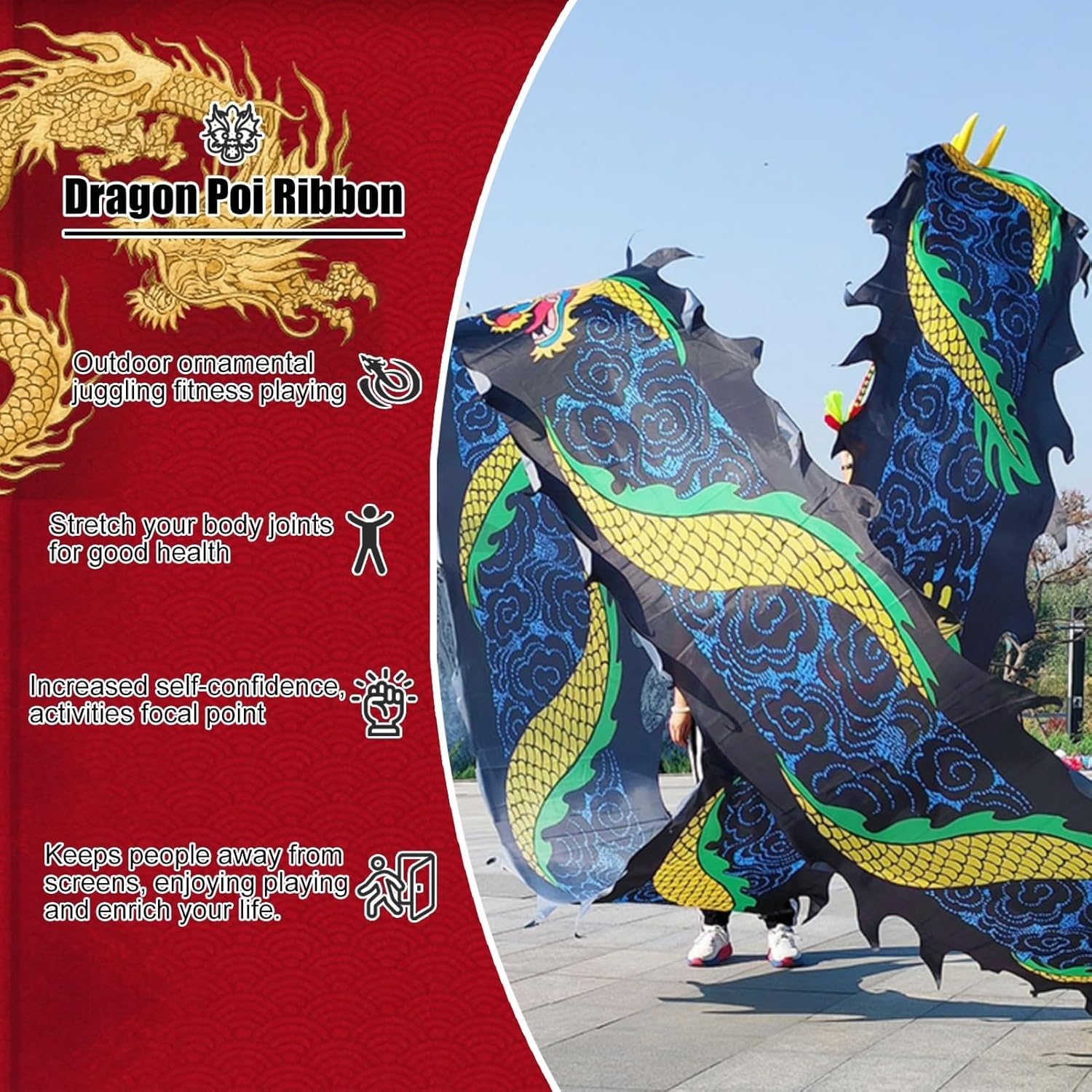 3D Bunter Drachen-Poi-Park, fließender Regenbogen-Satin-Drachen-Poi, Schleudern des Drachens, Spiral-Übungsband-Streame mit Kopf for Jugendliche/Erwachsene/Senioren(White,6m)