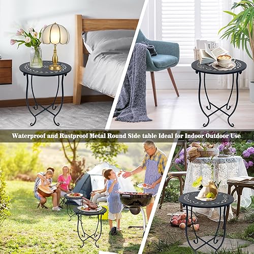Miniatura 4 de Mesa auxiliar redonda de metal pequeña para interiores y exteriores, mesa de café bistró de 14 pulgadas, resistente a la intemperie, mesa auxiliar