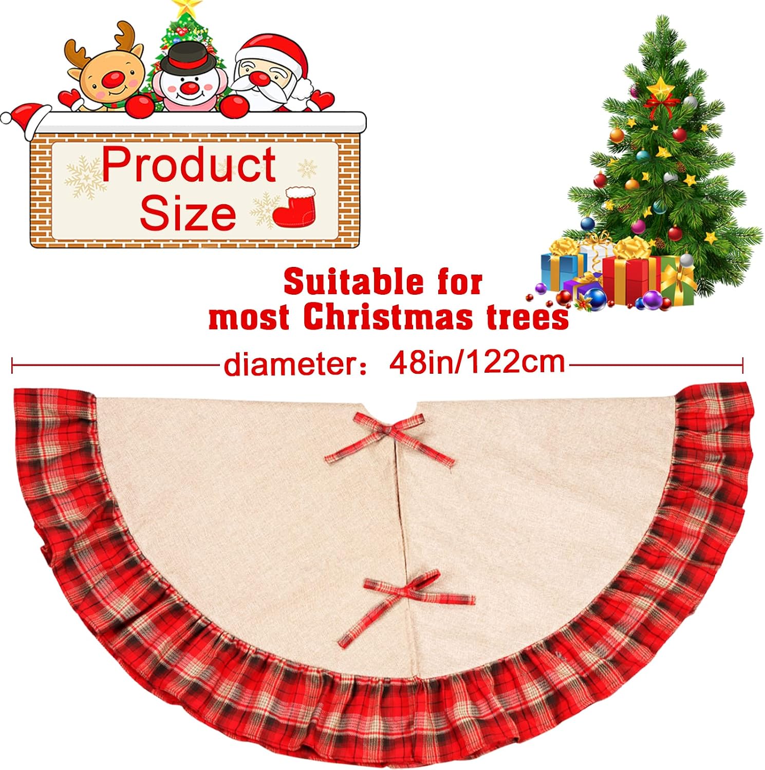 OurWarm Christmas Tree Skirt 48 Inch Burlap Tree Skirt Rustic Red and Black Plaid Ruffle Tree Skirt for Holiday Party Buffalo Plaid Christmas Tree Decoration