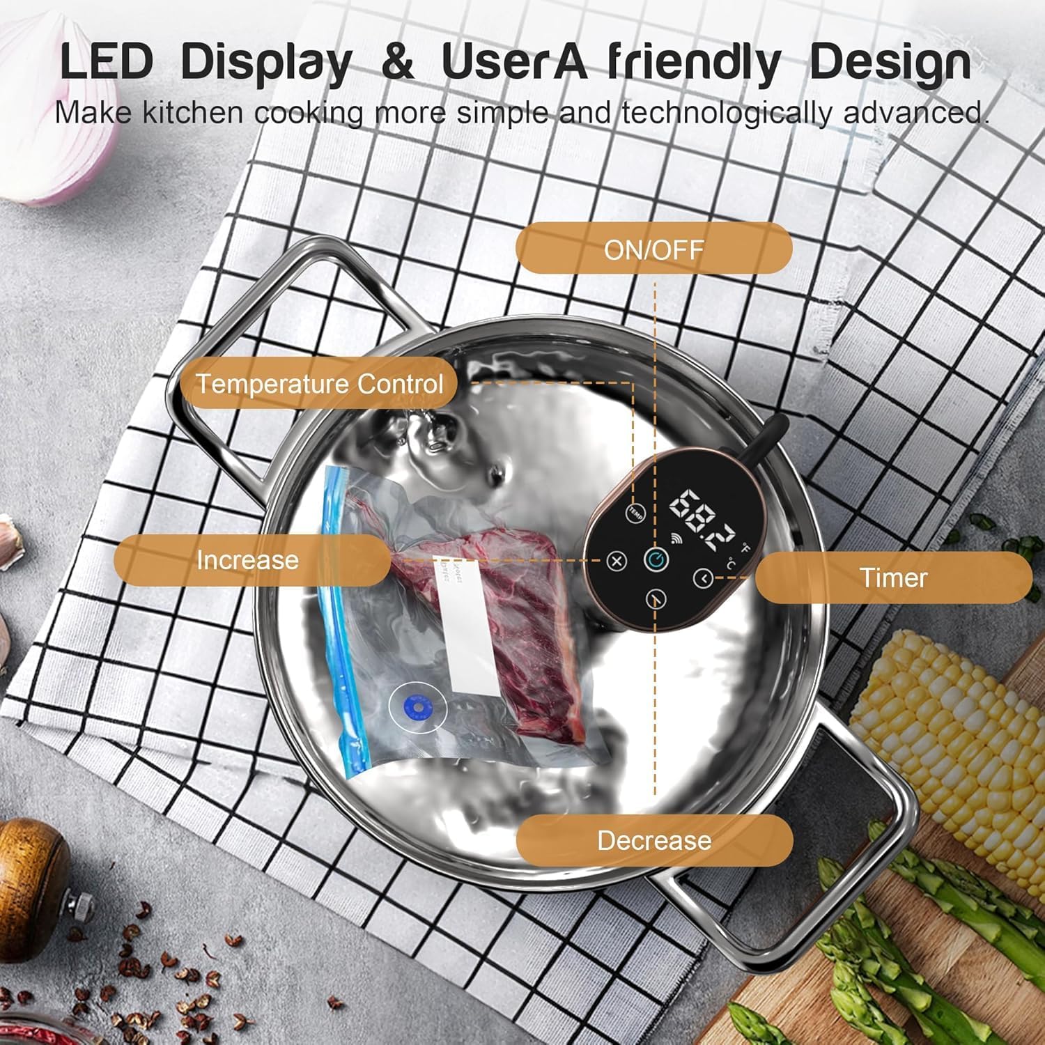 Close-up of the Karinear Sous Vide Machine's LED display and control buttons, including ON/OFF, temperature adjustment, and timer.