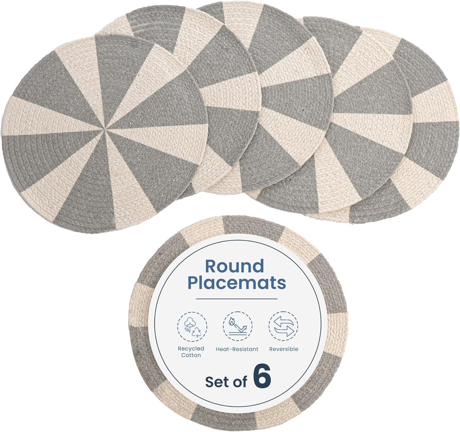 The Fine Living Co. Pinwheel Printed Cotton Braided Placemats (Set of 6, 13.5 Inches), Washable Anti-Slip Heat Resistant Mats, Boho Woven Round Table Mats for Table Decor, Kitchen and Dining
