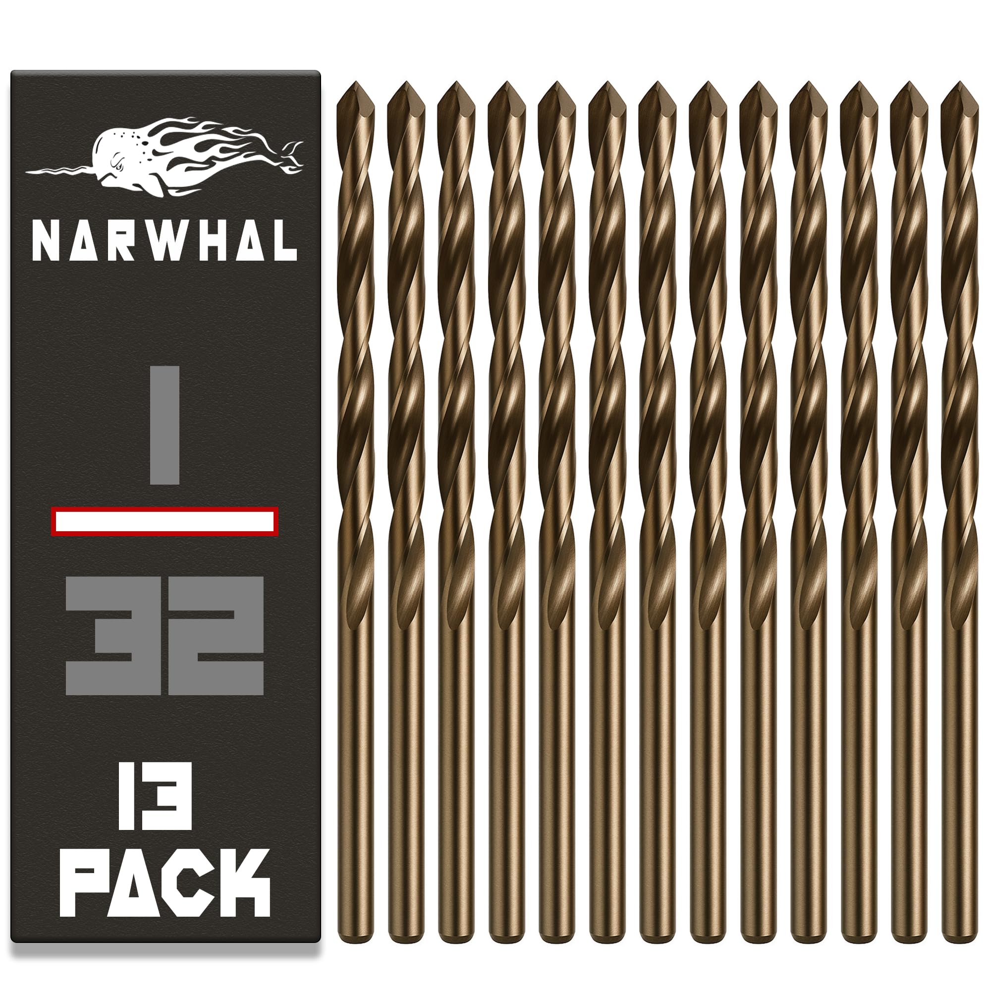 Narwhal 1/32 Inch Cobalt Drill Bits (13 Pack - Industrial Grade M35 Cobalt) 1-3/16" Length & 135 Degree Split Point for Drilling Into Metal, Hardened