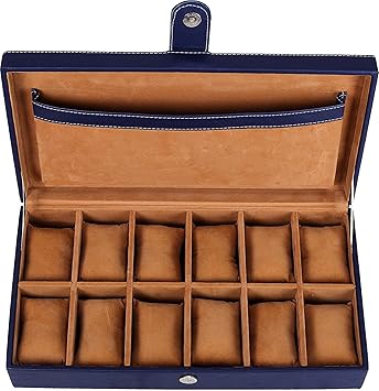 Leather World Watch Box Organizer 12 Slots Wrist Watch Box Holder Organizer Case for Men and Women - (Blue)