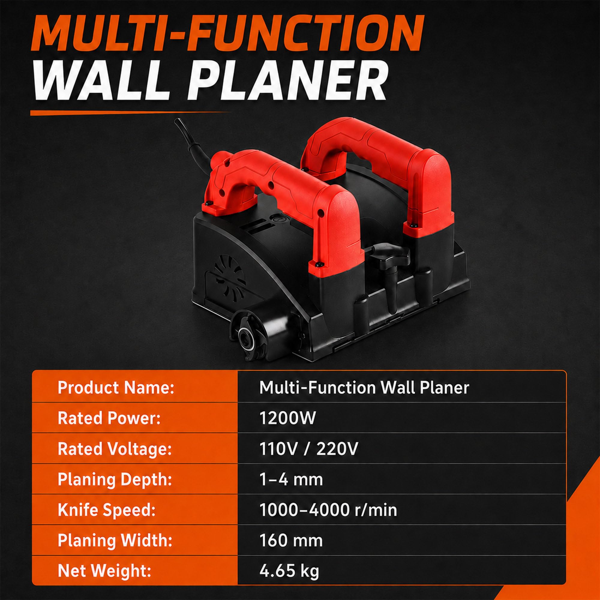 Cepilladora Mural para Cemento 1200W, 2 Cuchillas, 1000-4000 RPM