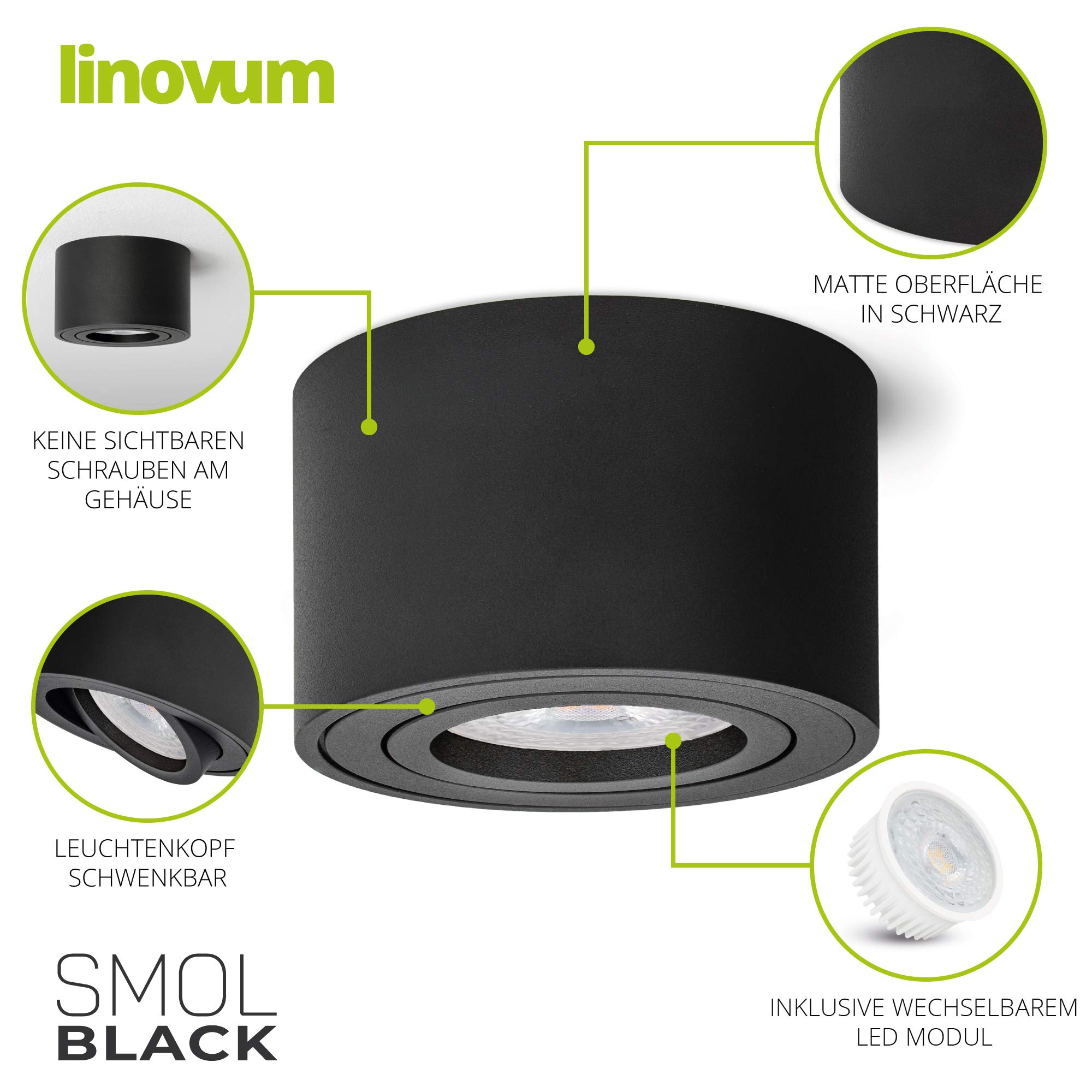linovum 6 faretti LED da soffitto SMOL in nero, piatti e orientabili, con modulo LED da 5 W, bianco neutro, 230 V