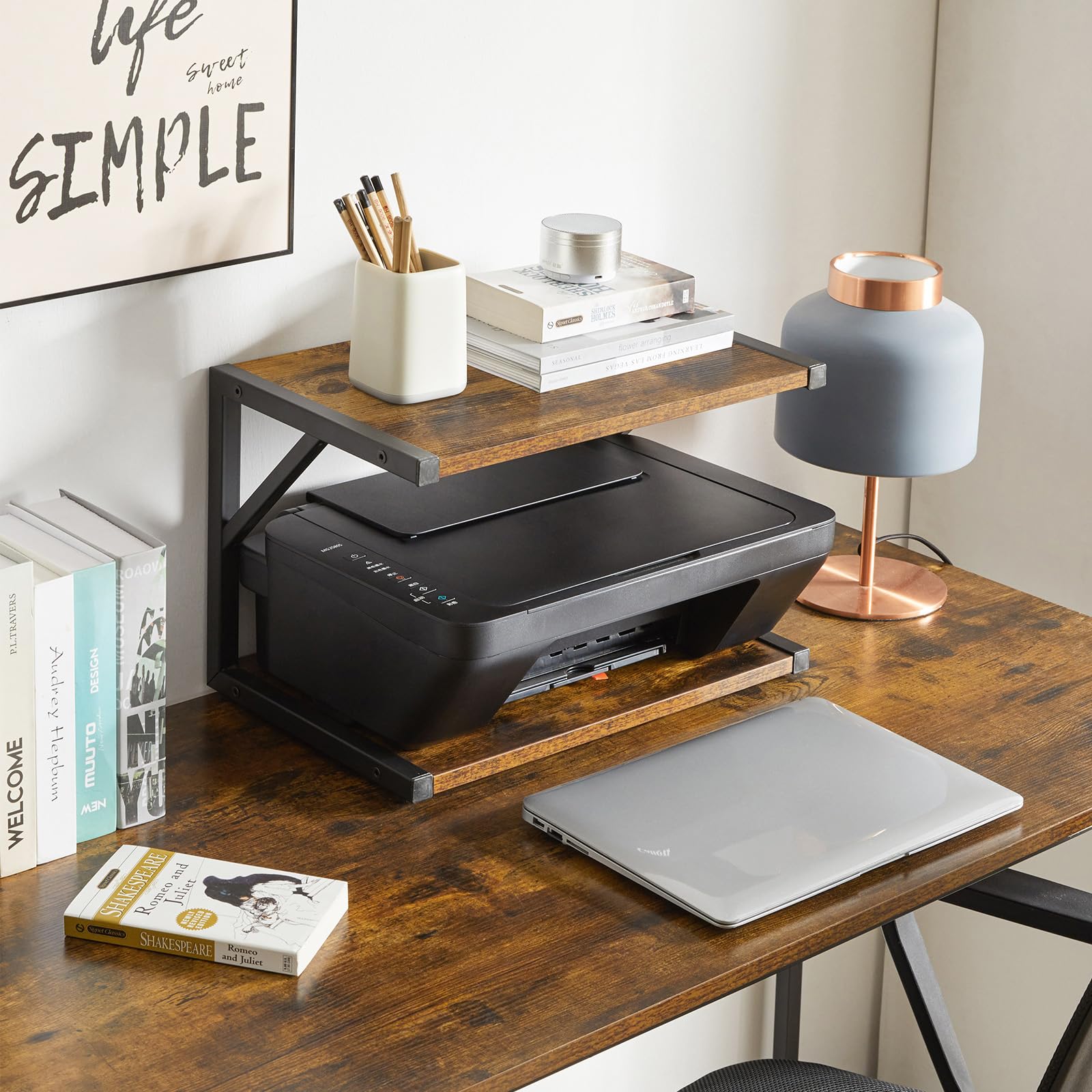 IBUYKE Support d'imprimante de Bureau à 2 Niveaux, étagère de Rangement Multifonction pour fax, Scanner, fichiers, Livres, Four à Micro-Ondes, Marron Rustique TLJ004H