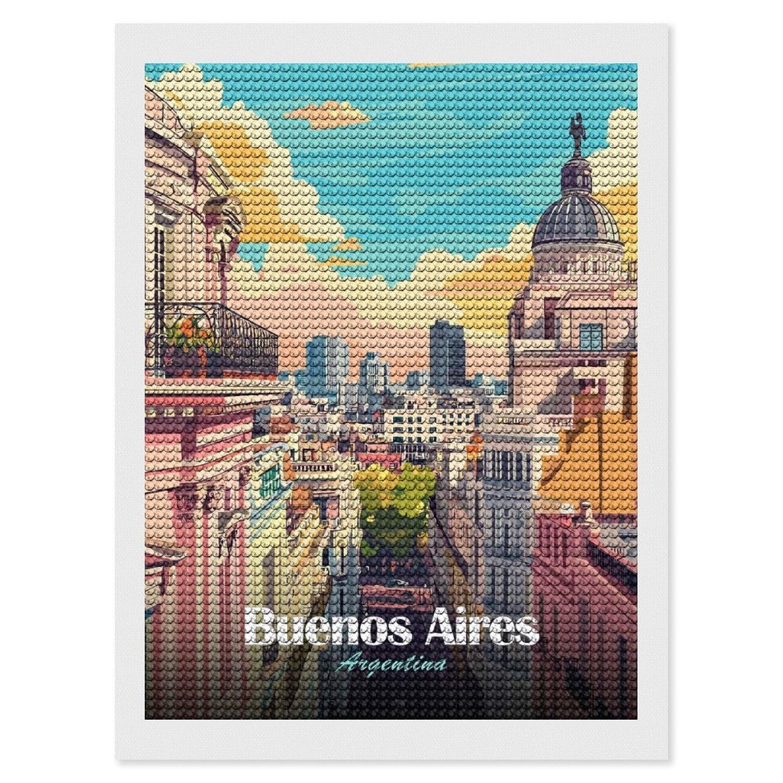 Junmoney Buenos Aires, Argentina Cityscape Illustration Diamond Painting Set 12"x16", Holiday Gift Idea, for Creative Relaxation, Fun Craft Experience, Vintage Style Decor