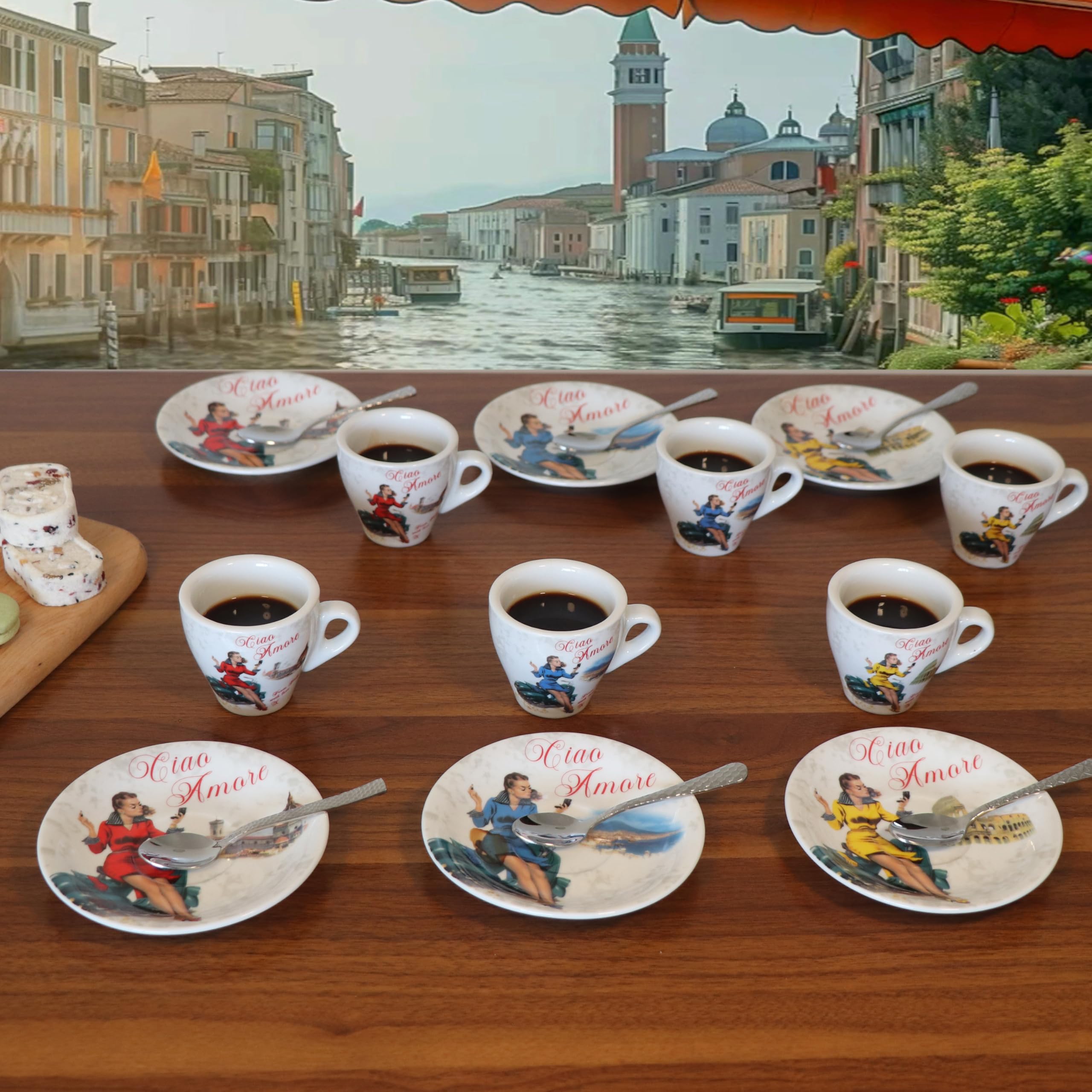 Lorren Home Espressotassen und Untertassen aus Porzellan, Vespa-Szenen-Design, 85 ml, 6 Stück