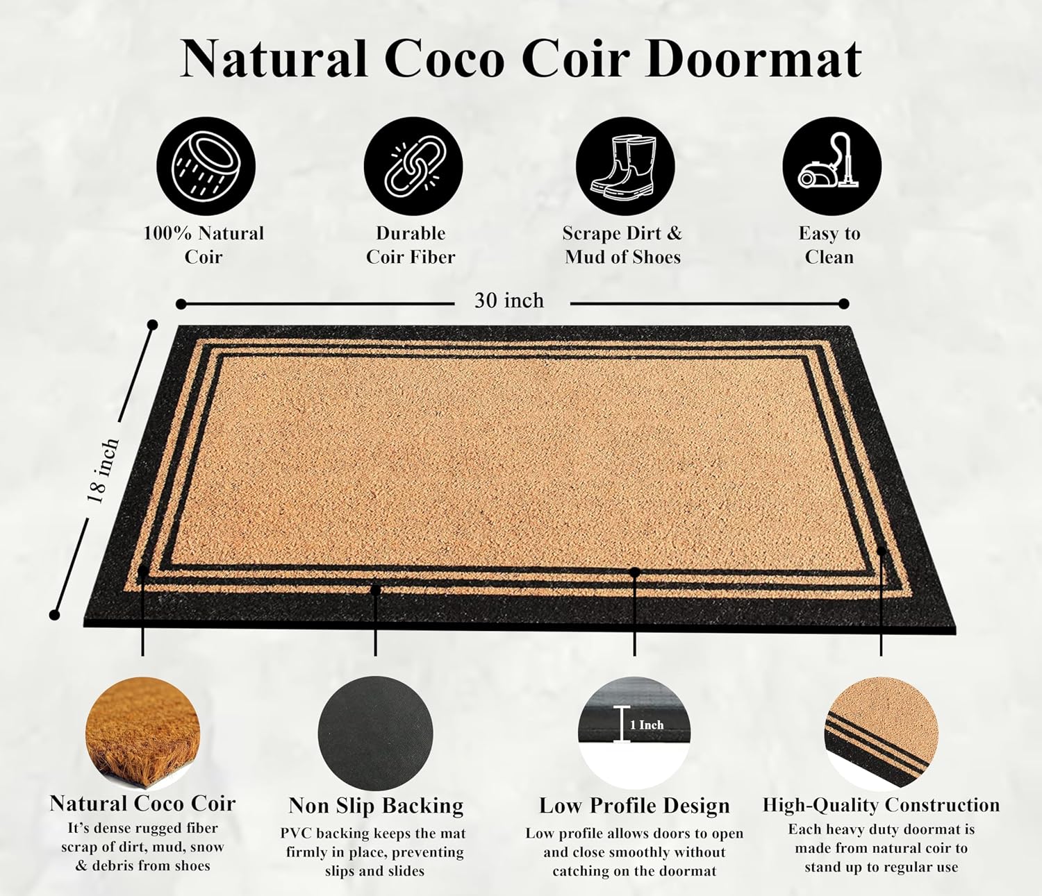 A1HC Natural Coir Doormat Outside Entrance, Anti-Shed Treated, Heavy Duty, Thin Profile, Easy to Clean and Non- Slip Front Door Mat - 18" X 30", Black Border