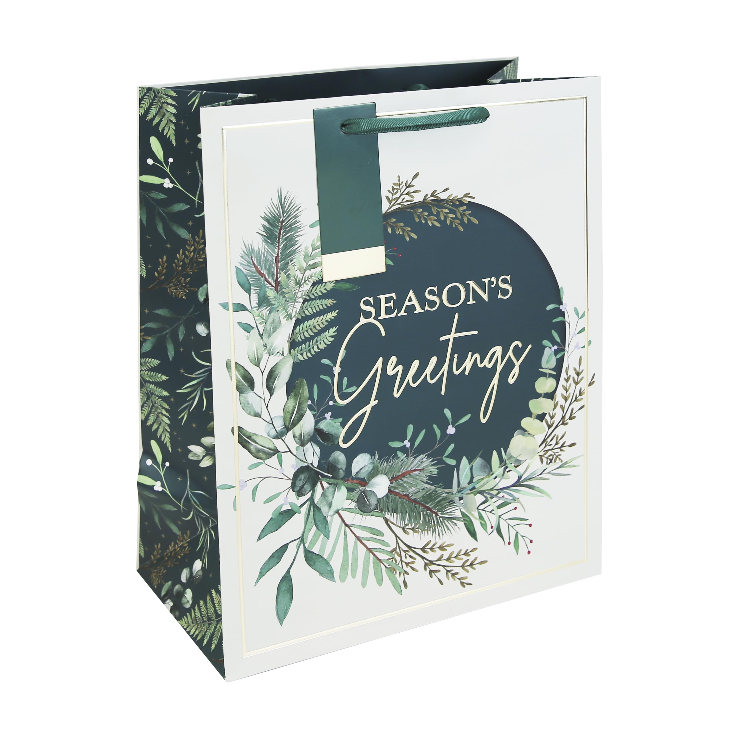 Eurowrap Large Christmas Botanical Wreath Gift Bag – Green & White Seasonal Design with Gold Foil – Ribbon Handle – Recyclable Paper Bag for Festive Wrapping