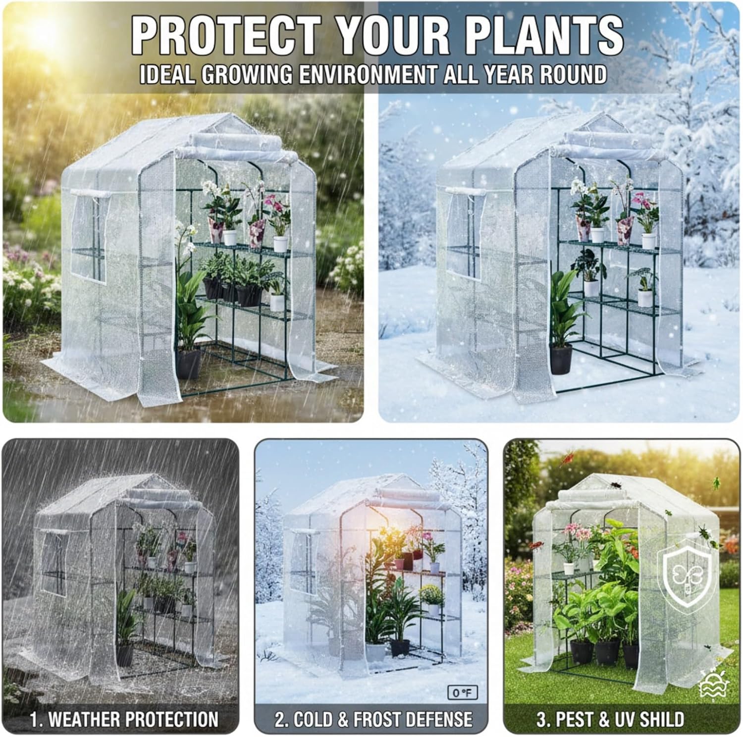 56"×55"×74" Walk-in Garden Greenhouse | Thickened PE Cover & Heavy Duty Steel Frame | 3 Tiers 4 Shelves, Mesh Door & Windows | Portable for Indoor Outdoor Use (White)