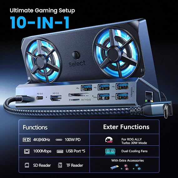 Docking Station for Steam Deck ROG Ally with Dual Cooling Fans, 10-IN-1 Stream Deck Dock with 4K@60Hz, 1000Mbps Gigabit Ethernet, 5USB Ports and 100W Charging Port for Steam Deck OLED/Switch/Legion Go