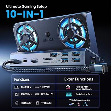 Docking Station for Steam Deck ROG Ally with Dual Cooling Fans, 10-IN-1 Stream Deck Dock with 4K@60Hz, 1000Mbps Gigabit Ethernet, 5USB Ports and 100W Charging Port for Steam Deck OLED/Switch/Legion Go