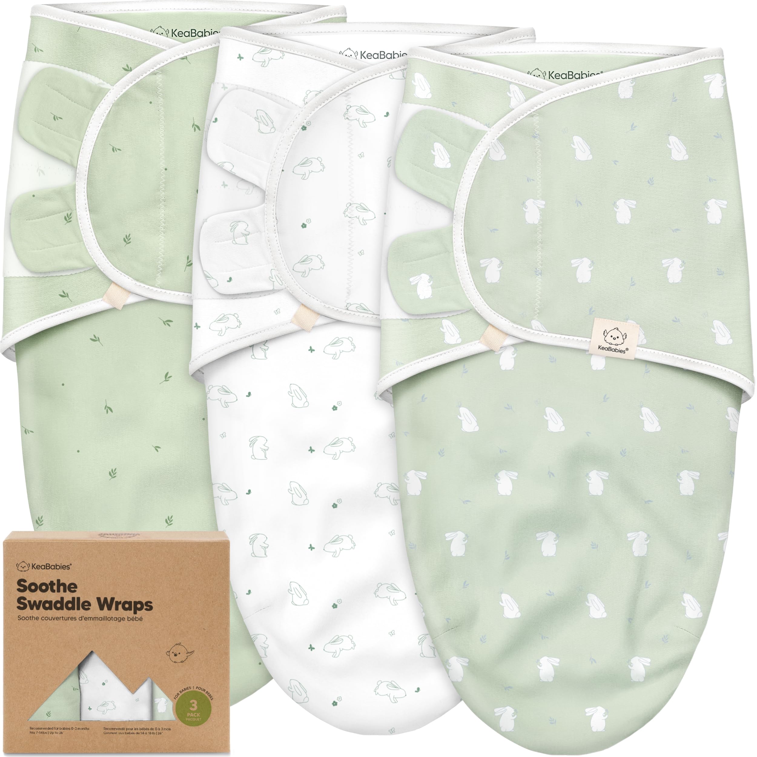 KeaBabies 3-Pack Bio Swaddle Schlafsack Baby - Pucksack Baby 0-3 Monate für Neugeborene, Weich und Gemütlich Pucktuch Säuglinge fur Mädchen, Jungen, Babyschlafsack Neugeborene, Atmungsaktiv (Bunnies)