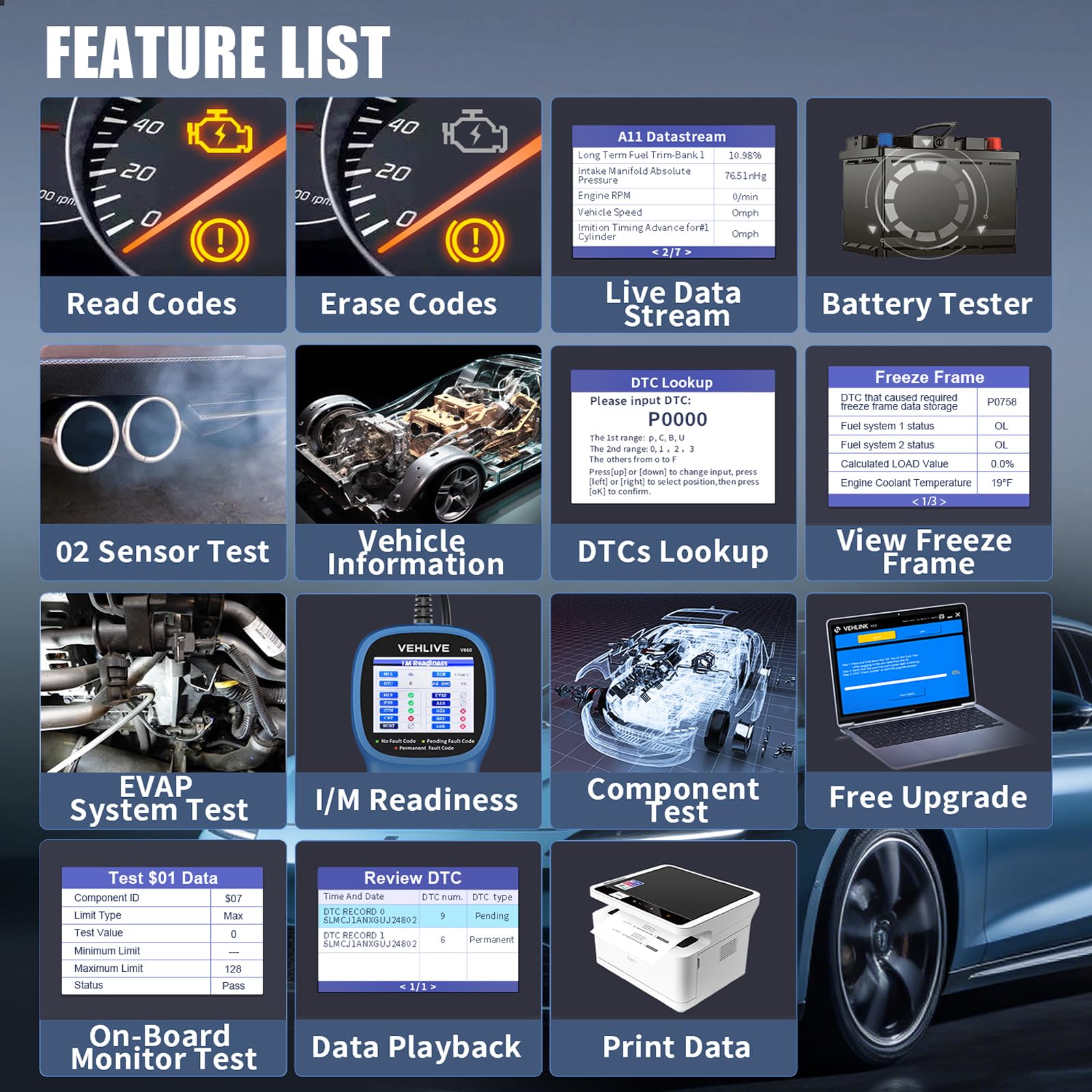 V860 - Scanner diagnostico OBD2 per auto, con stampante, lettore di codice automobilistico e strumento di ripristino, test della batteria, lettore di codici di luce del motore e cancellazione