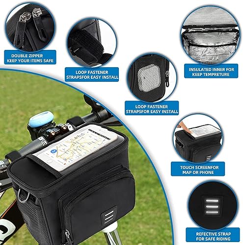 Miniatura 2 de Bolsa aislada para manillar de bicicleta, bolsa delantera para bicicleta, bolsa de almacenamiento impermeable con correa para pantalla táctil, bolsa